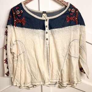 We The Free Cream and Blue Embroidered Blouse